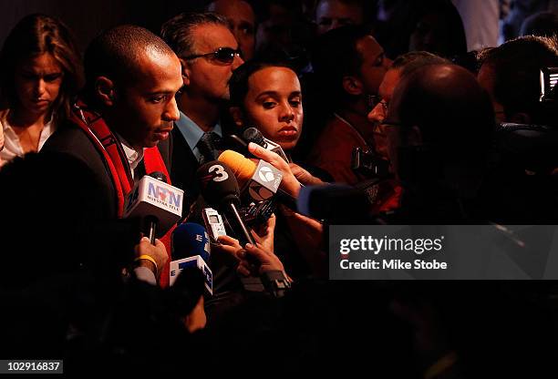 Thierry Henry speaks to the media during a press conference on July 15, 2010 at Red Bull Arena in Harrison, New Jersey.