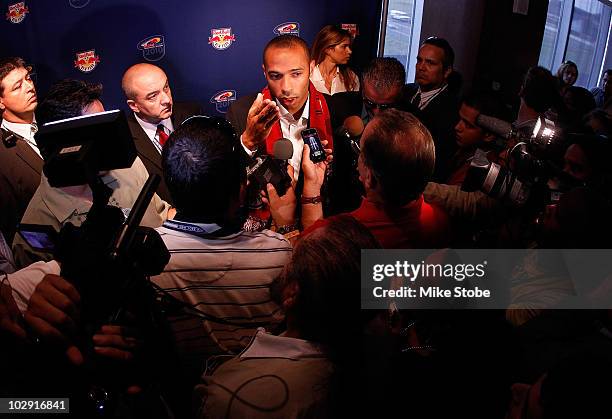 Thierry Henry speaks to the media during a press conference on July 15, 2010 at Red Bull Arena in Harrison, New Jersey.