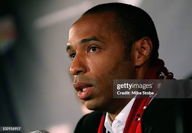 Thierry Henry speaks to the media during a press conference on July 15, 2010 at Red Bull Arena in Harrison, New Jersey.