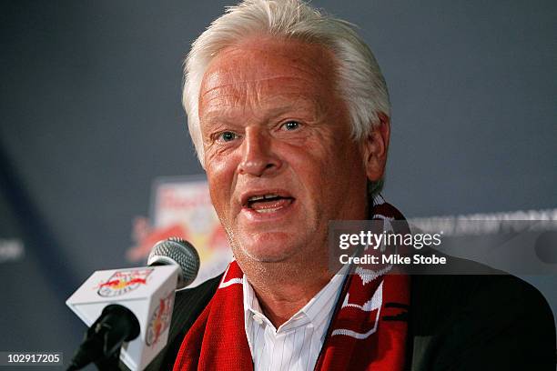 Head Coach Hans Backe speaks to the media during a press conference on July 15, 2010 at Red Bull Arena in Harrison, New Jersey.