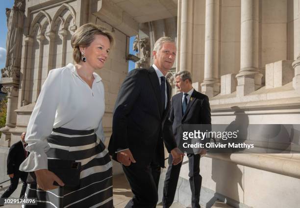King Philip of Belgium and Queen Matthilde arrive prior to attend a mass to remember the 25th anniversary of the death of King Baudouin at Notre Dame...