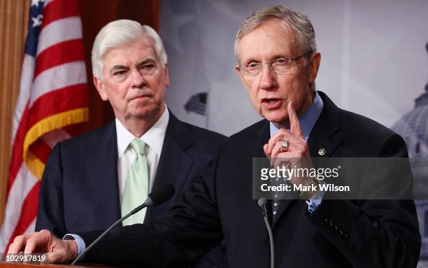 Senate Majority Leader Harry Reid , and Senate Banking Committee Chairman Christopher Dodd , speak to the media after the final vote on Wall Street...