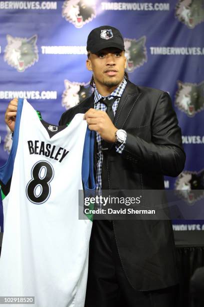 Michael Beasley of the Minnesota Timberwolves is introduced to the media on July 15, 2010 at the Target Center in Minneapolis, Minnesota. NOTE TO...