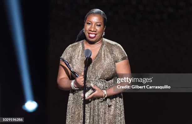 Civil rights activist who founded the Me Too movement and Community Change Agent award recipient Tarana Burke speaks on stage during the 2018 Black...