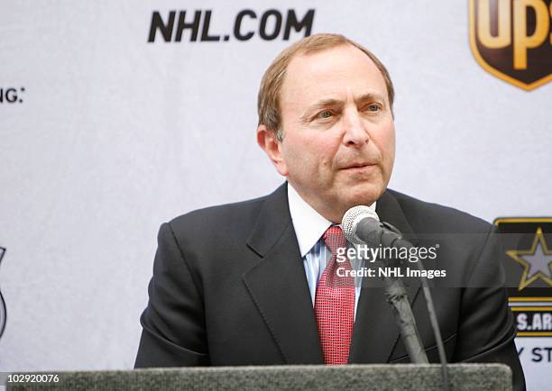 Commissioner Gary Bettman speaks during the NHL, UPS & U.S. Army Street Hockey Equipment Donation To Troops In Iraq event at the NHL Powered by...