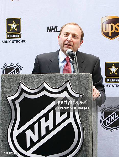 Commissioner Gary Bettman speaks during the NHL, UPS & U.S. Army Street Hockey Equipment Donation To Troops In Iraq event at the NHL Powered by...