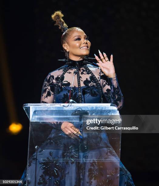 Singer-songwriter and Rock Star Award recipient Janet Jackson speaks on stage during the 2018 Black Girls Rock! at New Jersey Performing Arts Center...