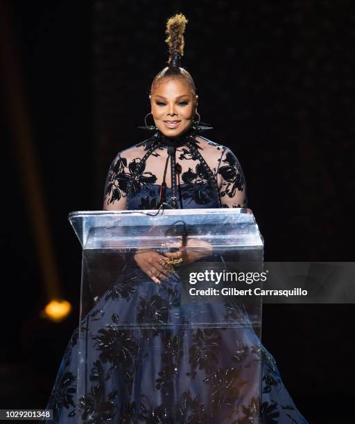 Singer-songwriter and Rock Star Award recipient Janet Jackson speaks on stage during the 2018 Black Girls Rock! at New Jersey Performing Arts Center...