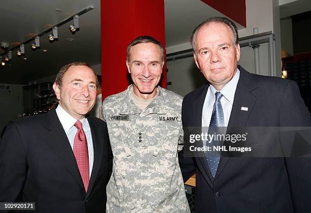 Commissioner Gary Bettman, Lt. Gen. David Huntoon, Jr. And UPS East Region President Glenn Rice pose during the NHL, UPS & U.S. Army Street Hockey...