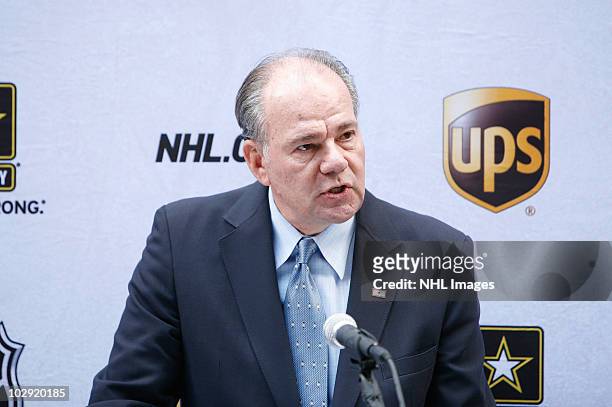 East Region President Glenn Rice speaks at the NHL, UPS & U.S. Army Street Hockey Equipment Donation To Troops In Iraq event at the NHL Powered by...