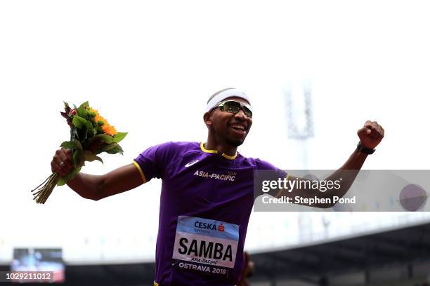 Abderrahman Samba of Team Asia-Pacific celebrates victory following the Mens 400 Metres during day one of the IAAF Continental Cup at Mestsky Stadium...