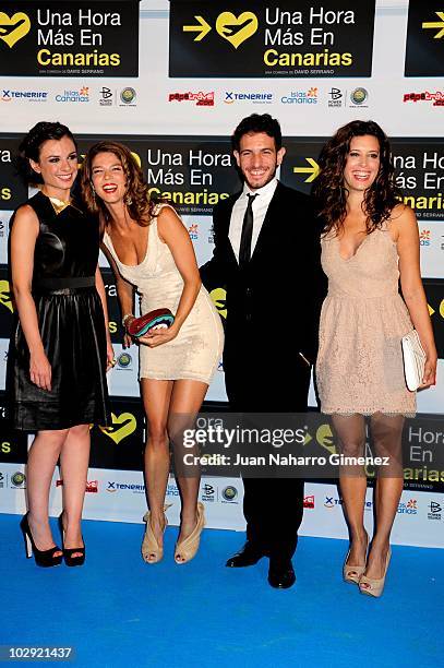 Miren Ibarguren, Juana Acosta, Quim Gutierrez and Angie Cepeda attend 'Una hora mas en Canarias' premiere at La Bombilla Cinema on July 15, 2010 in...