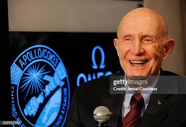 Legendary astronaut Lt. General Thomas Stafford attends the 35th anniversary of the Apollo Soyuz at the Omega Flagship Boutique on July 15, 2010 in...