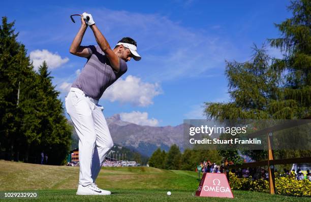 Mike Lorenzo-Vera of France plays a shot during the third round of The Omega European Masters at Crans-sur-Sierre Golf Club on September 8, 2018 in...