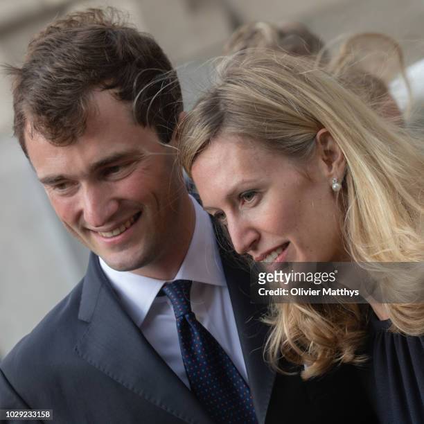 Prince Amedeo of Belgium and Princess Elisabetta leave the mass to remember the 25th anniversary of the death of King Baudouin at Notre Dame Church...