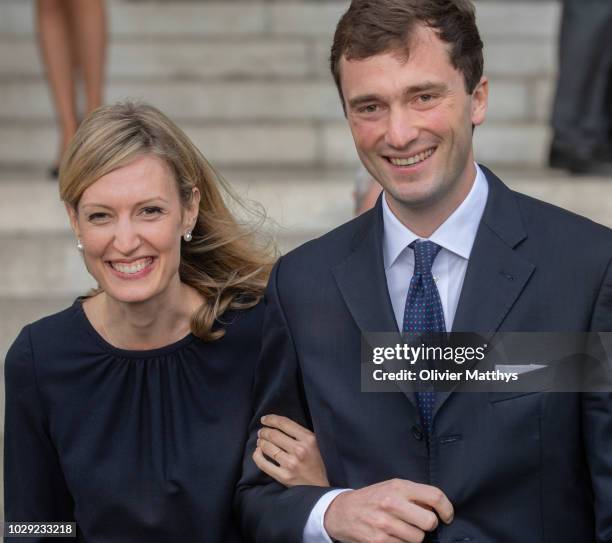 Prince Amedeo of Belgium and Princess Elisabetta leave the mass to remember the 25th anniversary of the death of King Baudouin at Notre Dame Church...