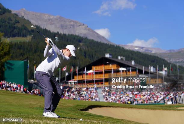 Matthew Fitzpatrick of England plays a shot on the 18th hole during the third round of The Omega European Masters at Crans-sur-Sierre Golf Club on...