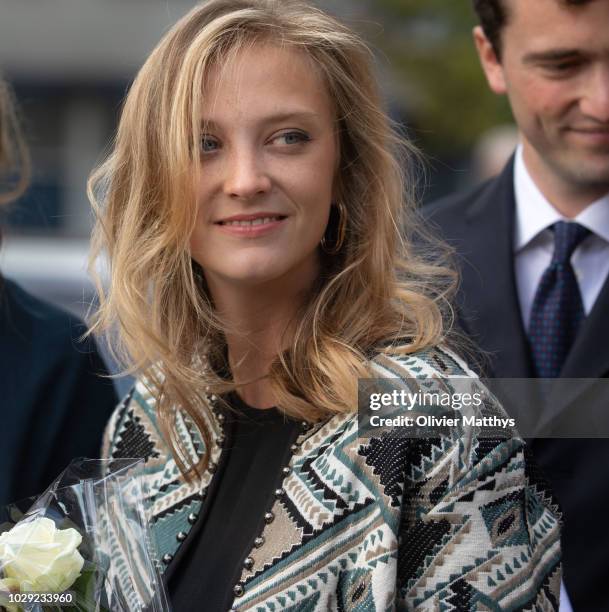 Princess Louisa Maria of Belgium leaves a the mass to remember the 25th anniversary of the death of King Baudouin at Notre Dame Church on September...