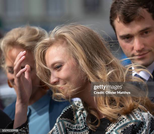 Princess Louisa Maria of Belgium and Prince Amadeo of Belgium leave a the mass to remember the 25th anniversary of the death of King Baudouin at...