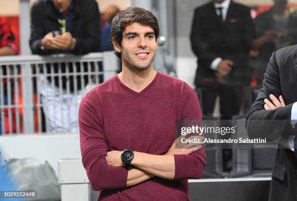 Ricardo Kaka looks on during the serie A match between AC Milan and AS Roma at Stadio Giuseppe Meazza on August 31, 2018 in Milan, Italy.