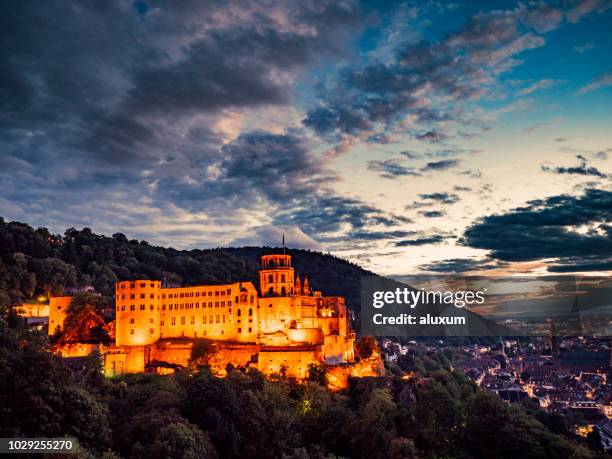 heidelberg castle and town at night - heidelberg castle stock pictures, royalty-free photos & images