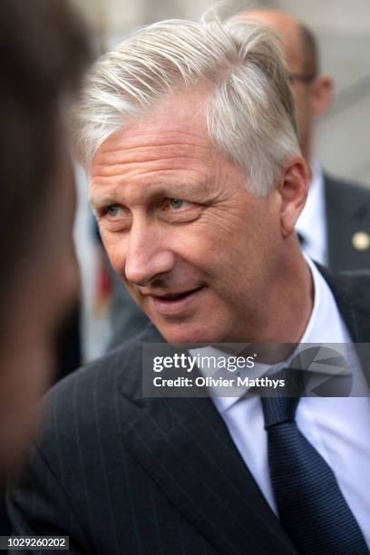 King Philip of Belgium leaves a mass to remember the 25th anniversary of the death of King Baudouin at Notre Dame Church on September 8, 2018 in...