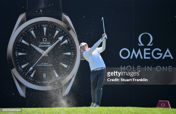 Matthew Fitzpatrick of England plays a shot during the third round of The Omega European Masters at Crans-sur-Sierre Golf Club on September 8, 2018...