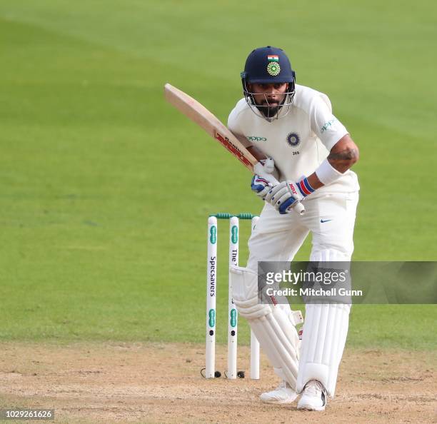 Virat Kohli of India batting during day two of the 5th Specsavers test match between England and India at The Kia Oval Cricket Ground on September 8,...