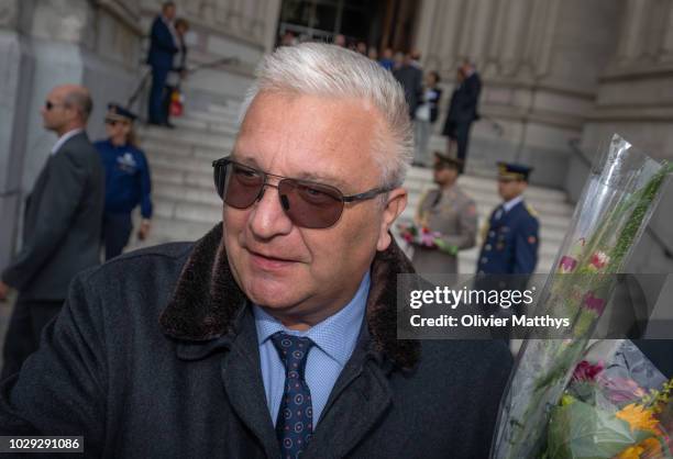 Prince Laurent of Belgium leaves a the mass to remember the 25th anniversary of the death of King Baudouin at Notre Dame Church on September 8, 2018...