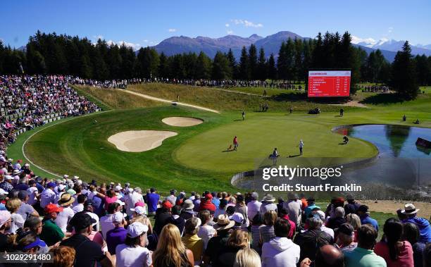 General view of the 13th hole during the third round of The Omega European Masters at Crans-sur-Sierre Golf Club on September 8, 2018 in...