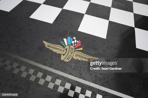 Rain is seen on the Indianapolis Motor Speedway logo prior to practice for the Monster Energy NASCAR Cup Series Big Machine Vodka 400 at the...