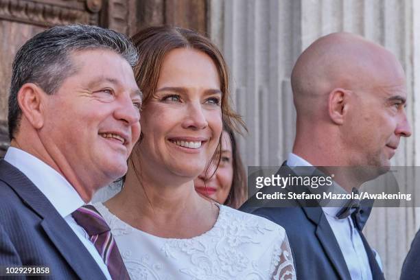 Luxembourg-born actress Desiree Nosbusch exit from the church of Oderzo after their marriage on September 8, 2018 in Oderzo, Italy.