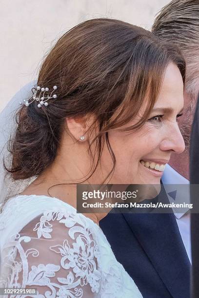 Luxembourg-born actress Desiree Nosbusch and exit from the church of Oderzo after their marriage on September 8, 2018 in Oderzo, Italy.