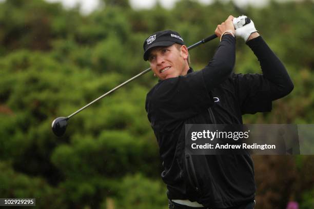 Ricky Barnes of the USA watches his tee shot on the tenth hole during the second round of the 139th Open Championship on the Old Course, St Andrews...