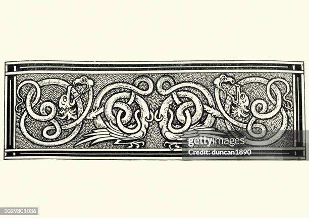celtic double heaaded monster bird pattern - mythology stock illustrations