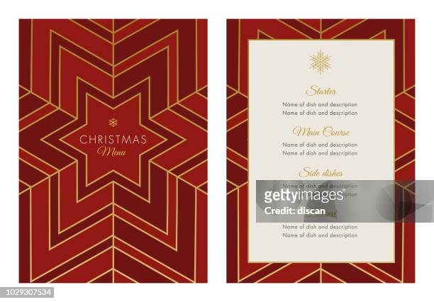 weihnachten-menüvorlage mit geometrischen schneeflocke - red gold party stock-grafiken, -clipart, -cartoons und -symbole