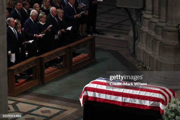 The casket of U.S. Sen. John McCain sits in the nave during the funeral service at the National Cathedral on September 1, 2018 in Washington, DC. The...