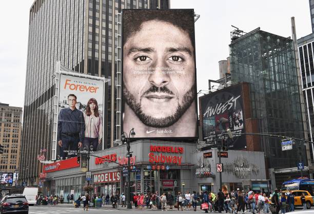 Nike Ad featuring American football quarterback Colin Kaepernick is on diplay September 8, 2018 in New York City. - Nike's new ad campaign featuring...