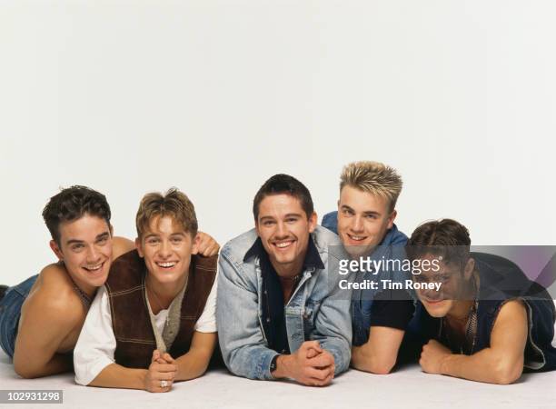 English boy band Take That, circa 1992. Left to right: Robbie Williams, Mark Owen, Jason Orange, Gary Barlow and Howard Donald.