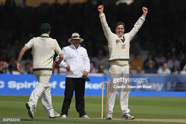 Marcus North of Australia celebrates his fifth wicket that of Mohammad Aamer of Pakistan during day four of the First Test between Pakistan and...