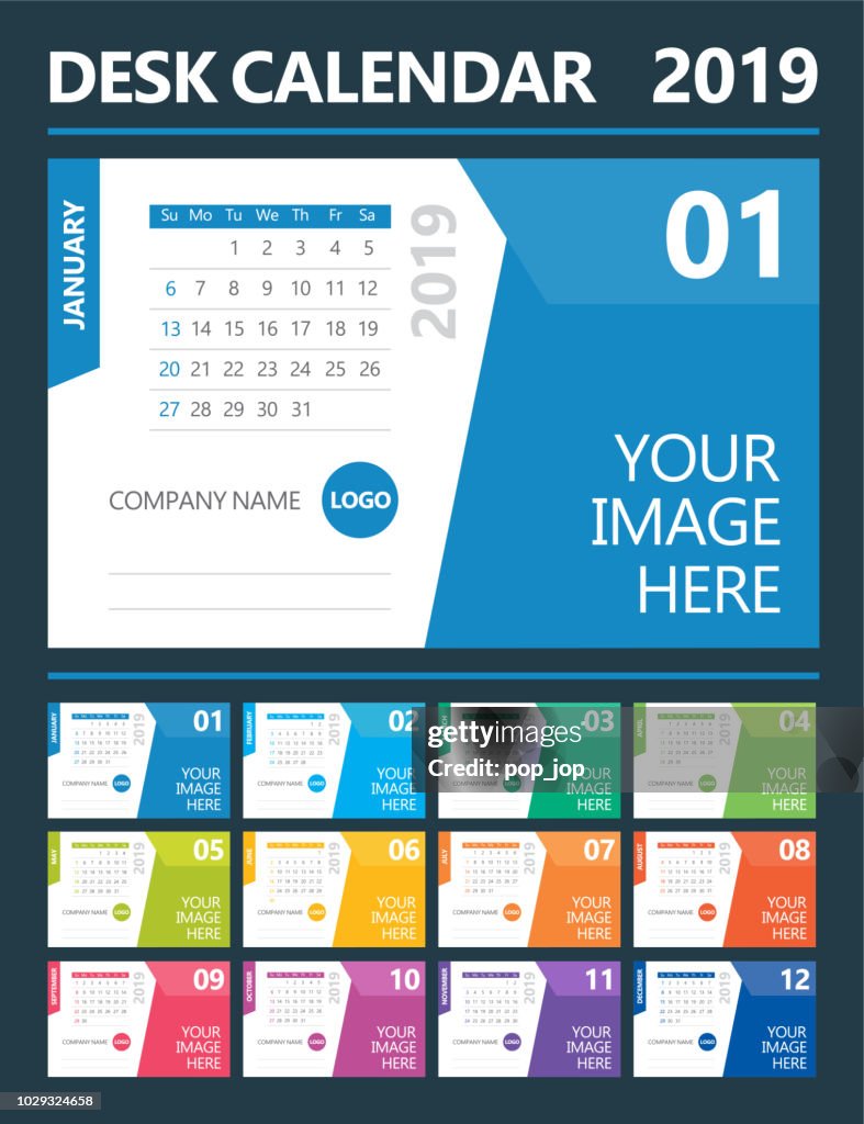 2019 Desk Calendar. Days start from Sunday. American version