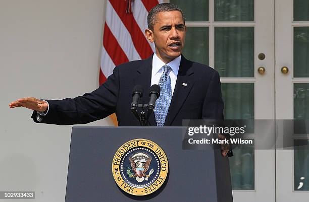 President Barack Obama speaks in the Rose Garden about the BP oil spill situation in the Gulf of Mexico, on July 16, 2010 in Washington, DC....