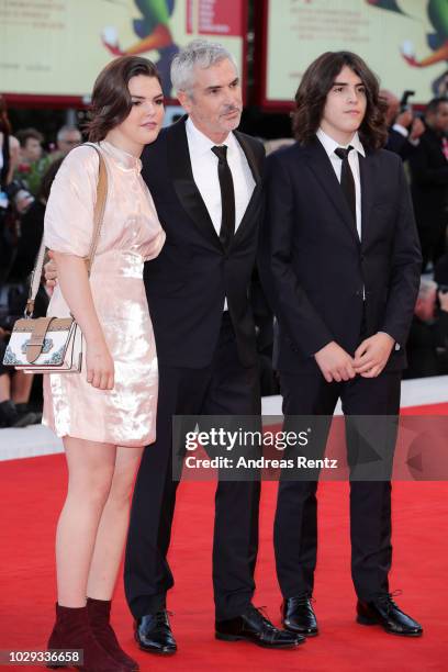 Tess Bu Cuaron, Alfonso Cuaron and Olmo Teodoro Cuaron of the Netflix movie "Roma" walk the red carpet ahead of the Award Ceremony during the 75th...