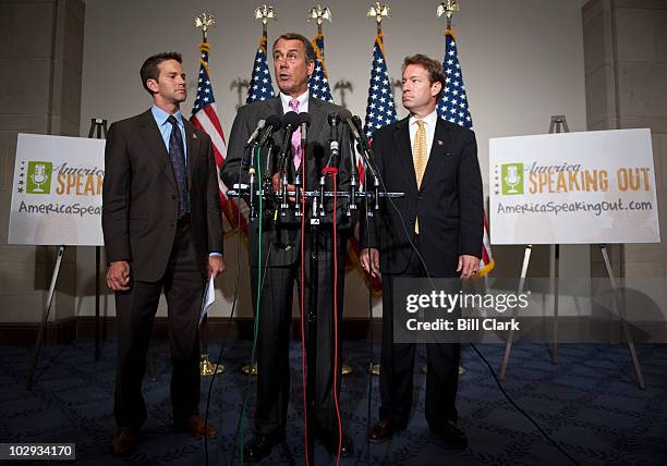 From left, Rep. Aaron Schock, R-Ill., House Minority Leader John Boehner, R-Ohio, and America Speaking Out Job Creation Policy Director Rep. Peter...