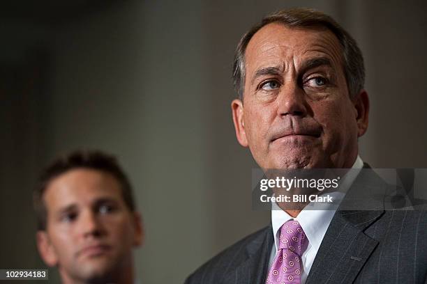 From left, Rep. Aaron Schock, R-Ill., and House Minority Leader John Boehner, R-Ohio, speak to the media following the Republicans' "America Speaking...