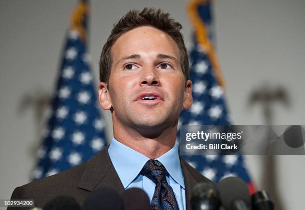 Rep. Aaron Schock, R-Ill., speaks to the media following the Republicans' "America Speaking Out" forum on job creation on Friday, July 16, 2010.