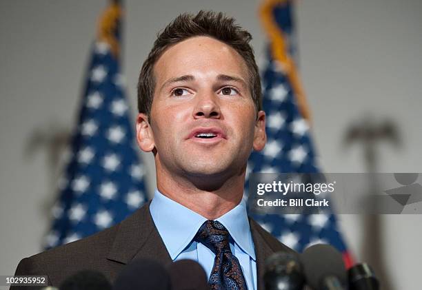 Rep. Aaron Schock, R-Ill., speaks to the media following the Republicans' "America Speaking Out" forum on job creation on Friday, July 16, 2010.