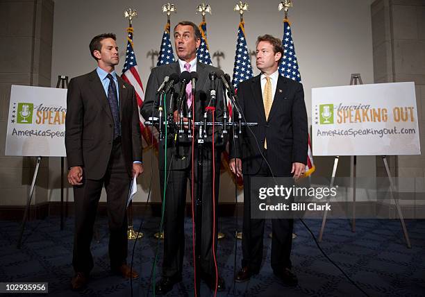 From left, Rep. Aaron Schock, R-Ill., House Minority Leader John Boehner, R-Ohio, and America Speaking Out Job Creation Policy Director Rep. Peter...