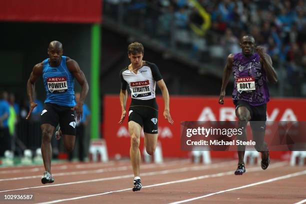 Usain Bolt of Jamaica on his way to victory in the men's 100m from Christophe Lemaitre of France and Asafa Powell of Jamaica during the IAAF Diamond...