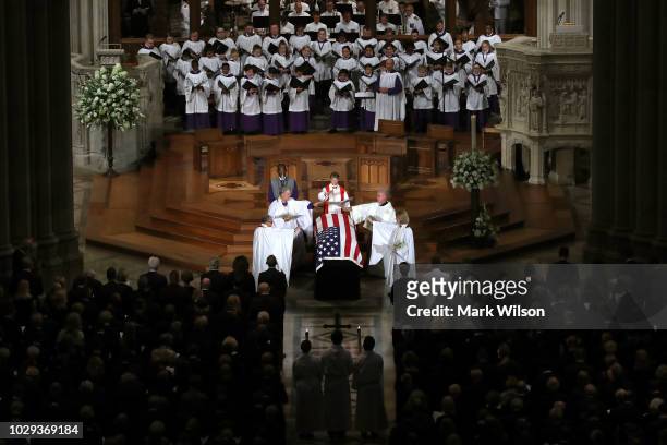 Church service during the funeral for U.S. Sen. John McCain at the National Cathedral on September 1, 2018 in Washington, DC. The late senator died...